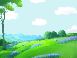 山坡草原花丛蓝天白云背景