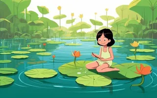 湖泊坐着睡莲上的人碧蓝插画背景