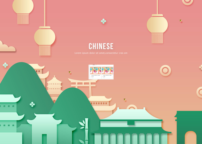 旅游景点艺术风剪纸建筑PSD素材