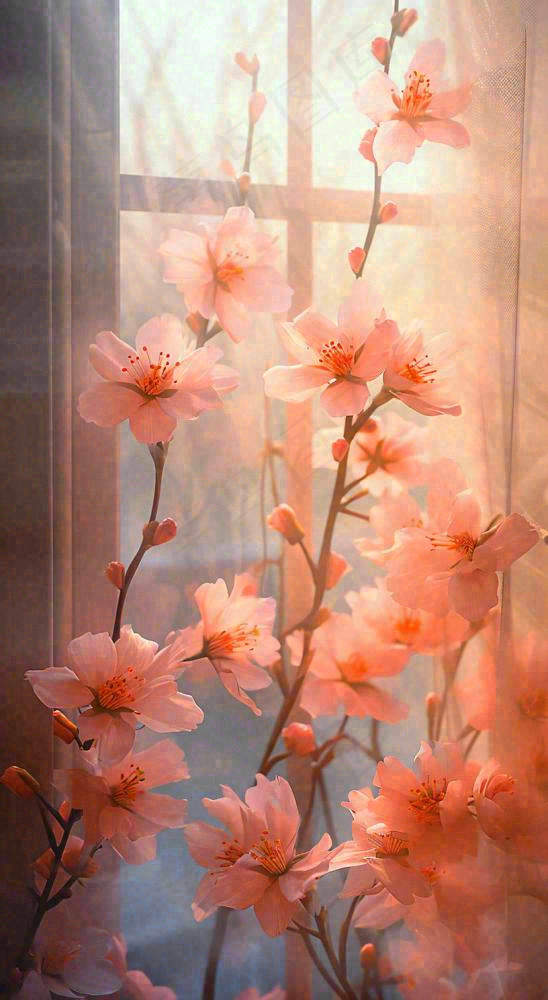 春天窗台粉色渐变鲜花，枝叶，春节立春(816x1488)