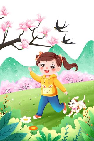 春天燕子手绘女孩狗桃花樱花节插画