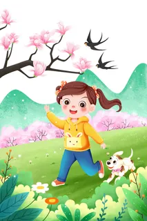春天燕子手绘女孩狗桃花樱花节插画 春天燕子手绘女孩狗桃花樱花节插画