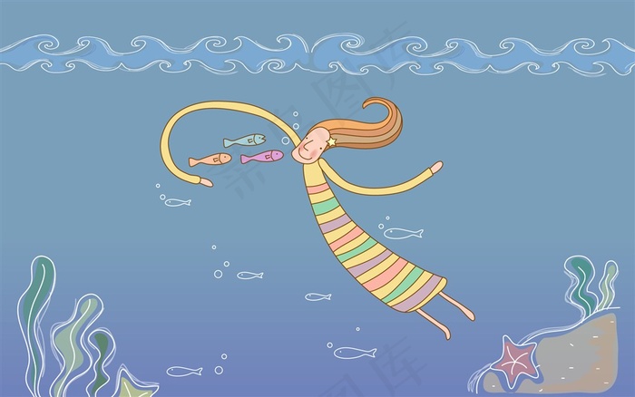 水中与鱼嬉戏卡通女孩插画图片