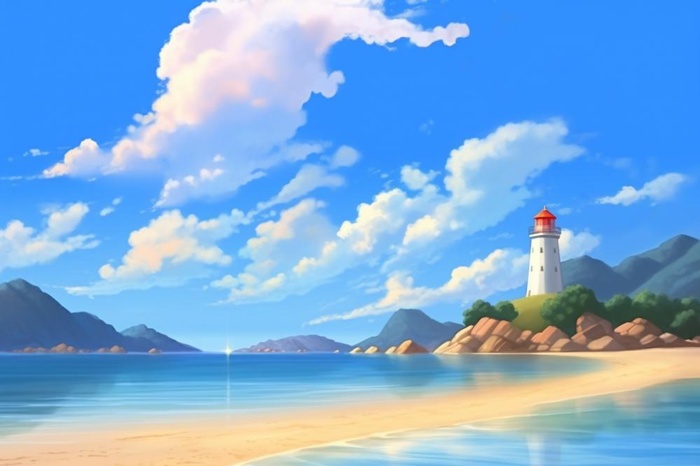 夏日阳光沙滩海浪蓝色插画背景(1344x896)