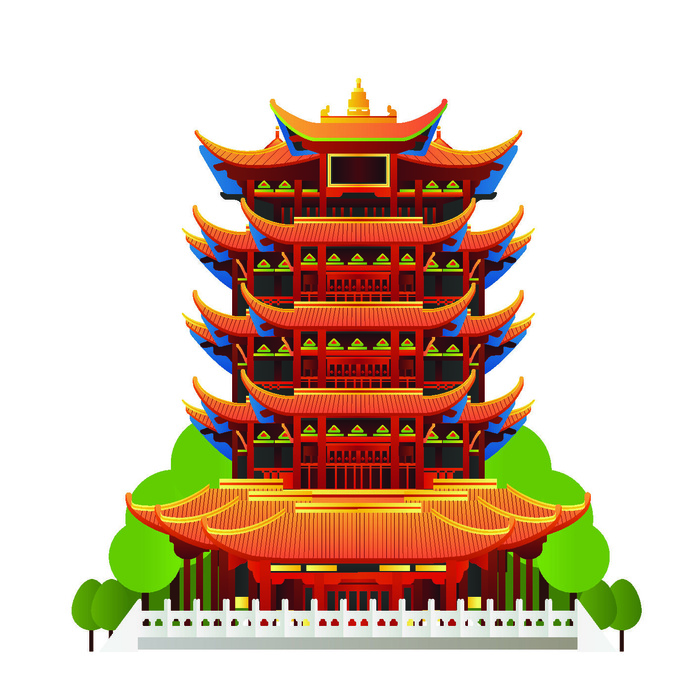 复古中国风国潮古建筑插画手绘高楼古塔AI素材亭子png免抠图