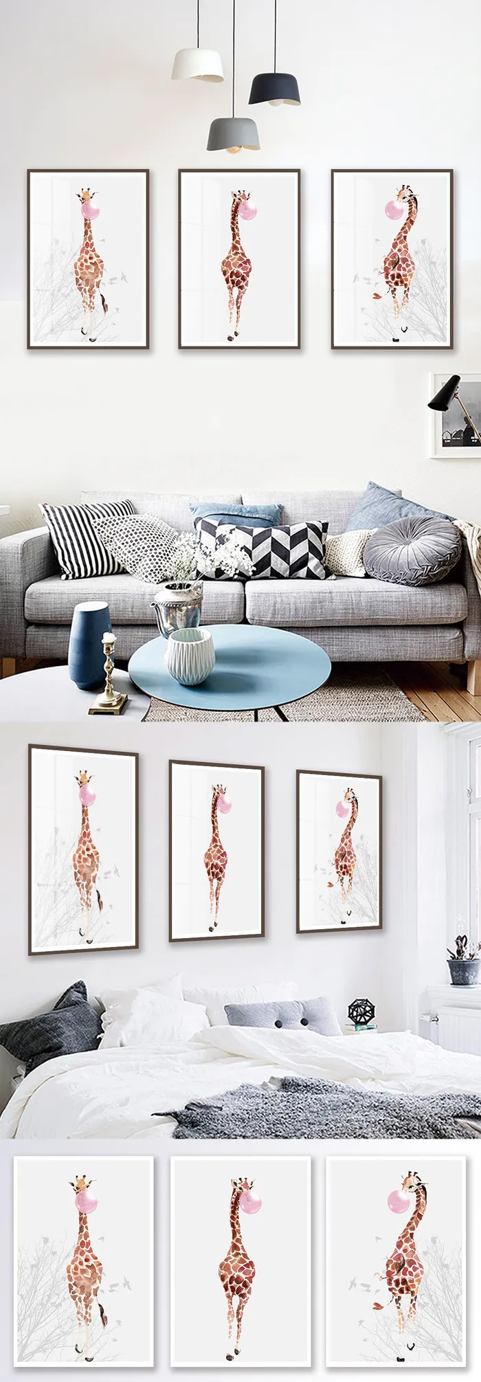 手绘可爱三联长颈鹿装饰画psd模版下载