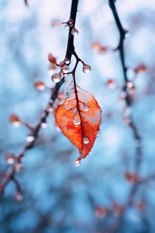 秋叶红色冰水珠背景