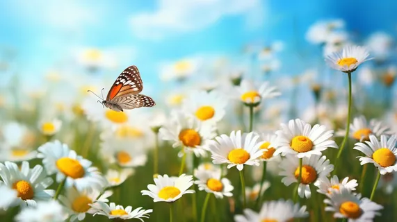 白色小雏菊花丛里飞舞的蝴蝶摄影图