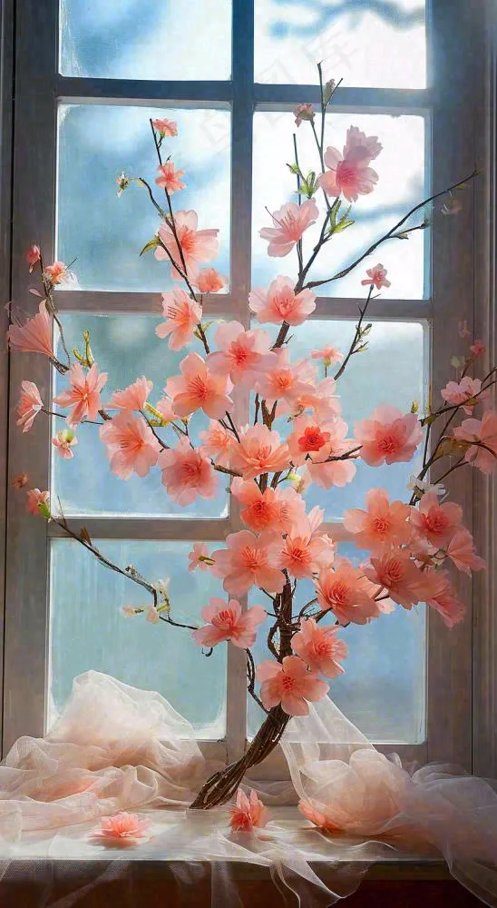春天窗台花瓶粉色鲜花花束，春分(816x1488)