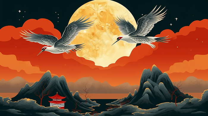 古风国潮仙鹤鸟山川河流阁楼插画素材