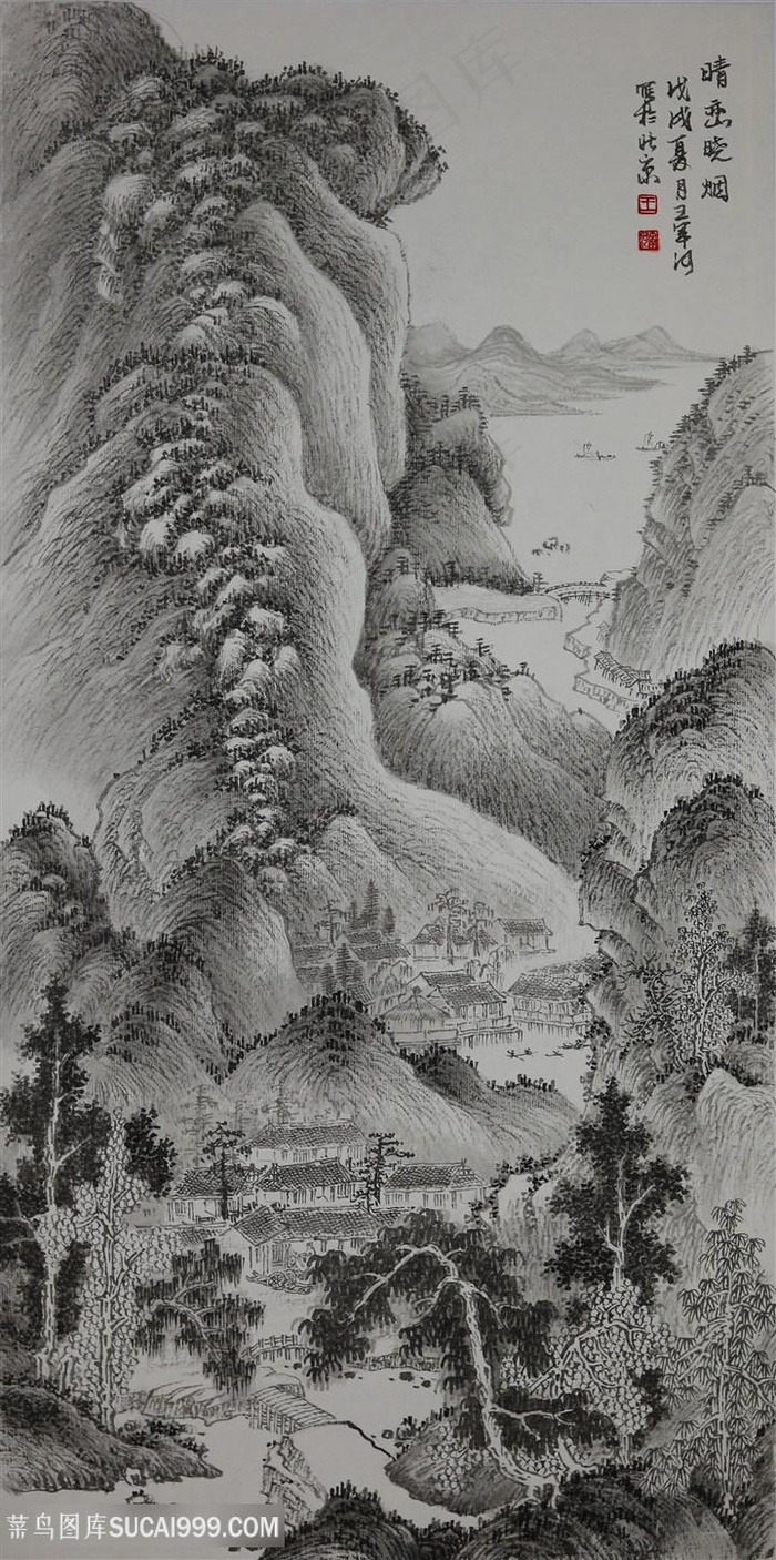 王军河工笔山水青绿山水传统山水皴法国画界画《晴峦晓烟》