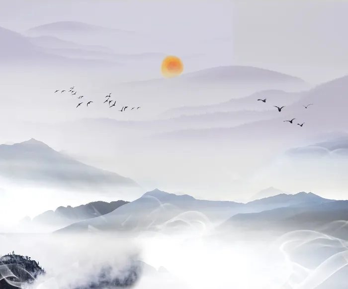 水墨山水太阳背景psd模版下载
