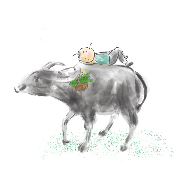 清明清明节卡通牧童躺在牛背上