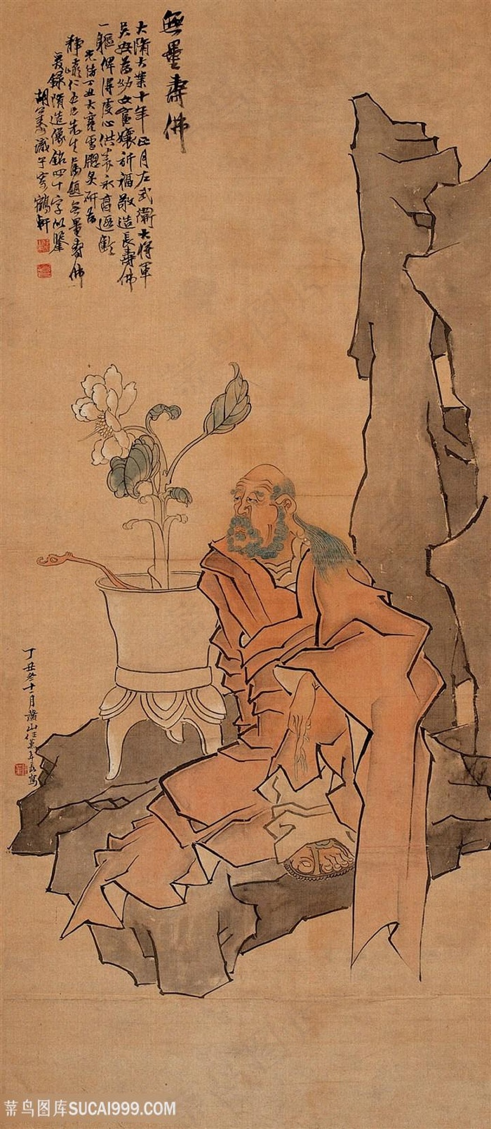 中式老人花卉山脉风景画装饰画