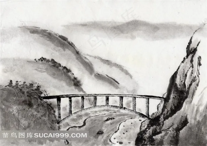 岩石间的木桥水墨画