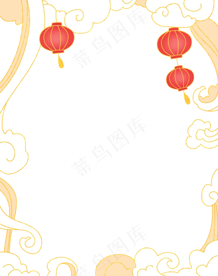 国潮手绘古风海浪花朵祥云装饰边框相框免抠