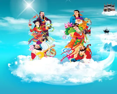 八仙上天蓝天白云背景