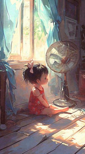 夏天夏季居家儿童吹清凉风扇，夏至小暑大暑手绘插画