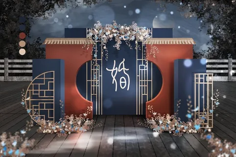 红蓝色中式传统婚礼迎宾区效果图 红蓝色中式传统婚礼迎宾区效果图