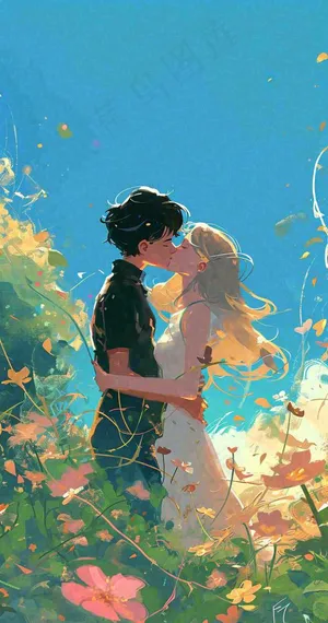 蓝天白云下情侣拥抱亲吻爱情,鲜花小草,情清新人节 蓝天白云下情侣拥抱亲吻爱情,鲜花小草,情清新人节