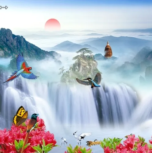 流水生财花鸟山水背景墙psd模版下载