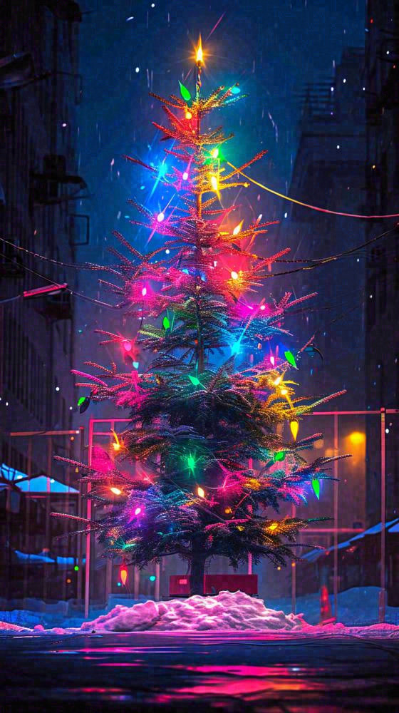 炫酷圣诞彩色缤纷圣诞树节日，夜晚街道建筑，暗黑