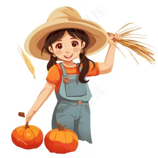 秋收女孩农忙工具南瓜麦子插画免抠