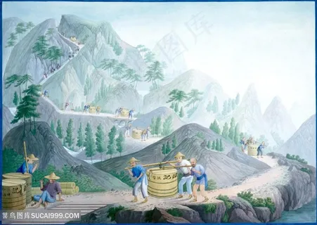 古代搬运货品集市贸易场景绘画图片