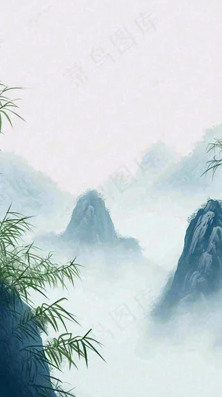 中国风云雾山脉意境竹叶山雾画插画