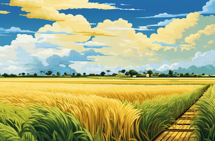 秋天成熟的金黄麦田稻田卡通插画素材图(4080x2688)