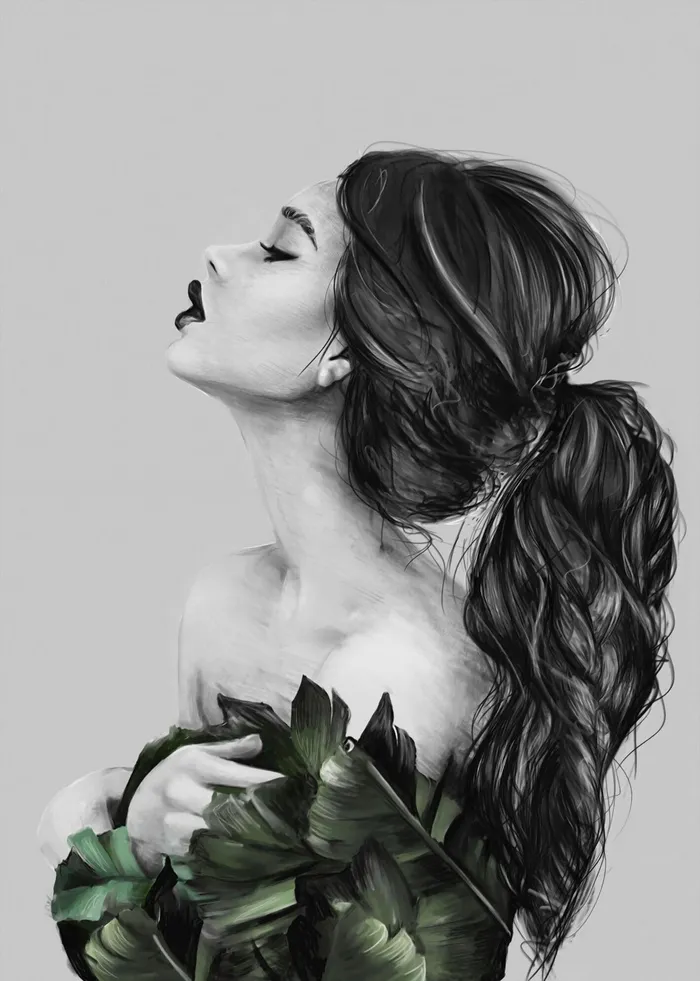 手绘黑白美女装饰画