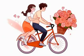 520情人节情侣骑车花束浪漫插画素材背景