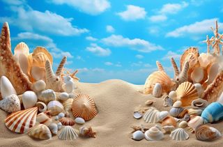 海滩上的海星和贝壳以壮观的背景、天蓝色和米色为风格的背景