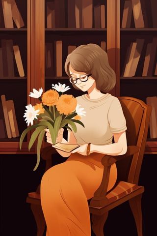 戴眼镜教师书籍鲜花暗黄色背景