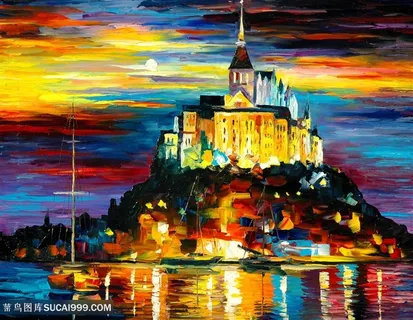 城堡水彩油画湖畔美景挂画