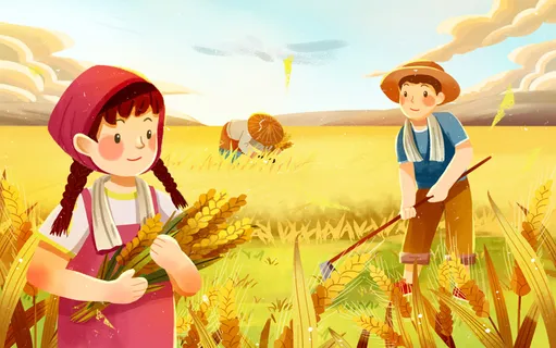 世界粮食日芒种秋收稻田麦子农民水牛天空插画海报