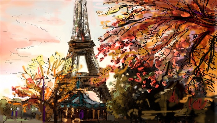 盛开的鲜花与埃菲尔铁塔手绘画图片