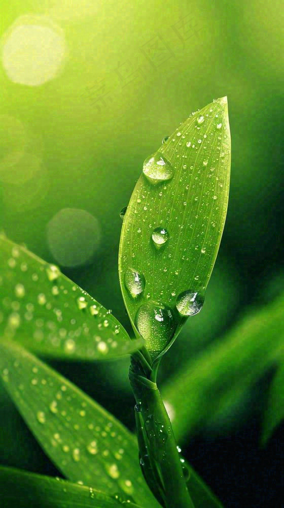 夏天绿植叶子露珠萌芽清新，雨水白露谷雨摄影图(816x1456)