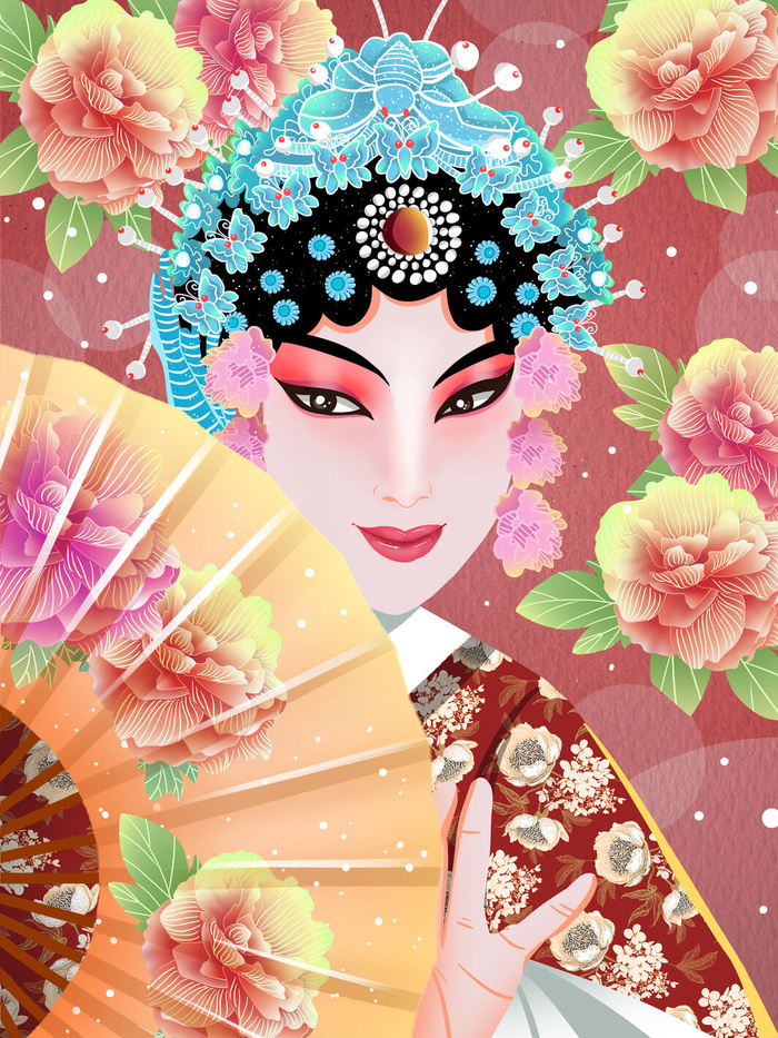 手绘中国风国潮京剧戏曲人物插画古风国粹花旦ai矢量ps设计素材图psd模版下载