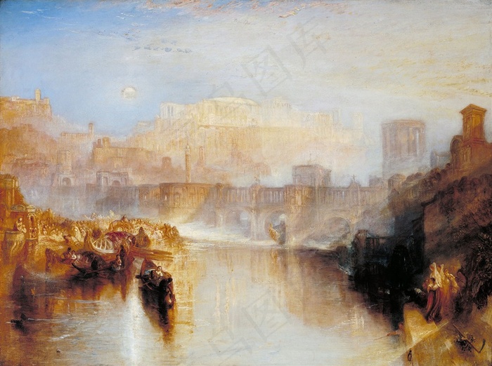 威廉·透纳河道帆船油画作品素材