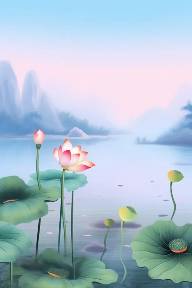 紫色简约国风莲花傍晚背景(896x1344)