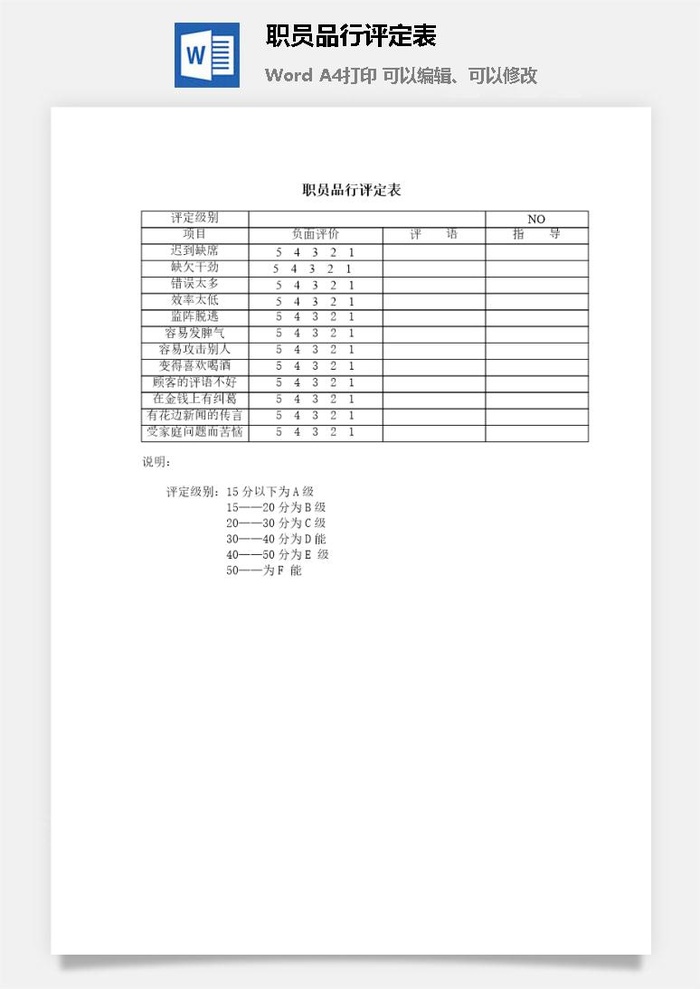 职员品行评定表word模板