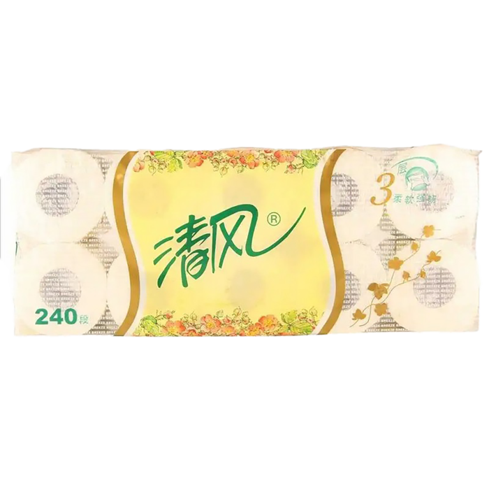 清风 冬夏花韵卷纸巾厕纸卫生纸3层 240段x10卷／条超市商品白底图免抠实物摄影png格式图片透明底