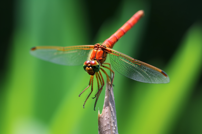 蜻蜓站在植物枝头上绿色背景摄影图