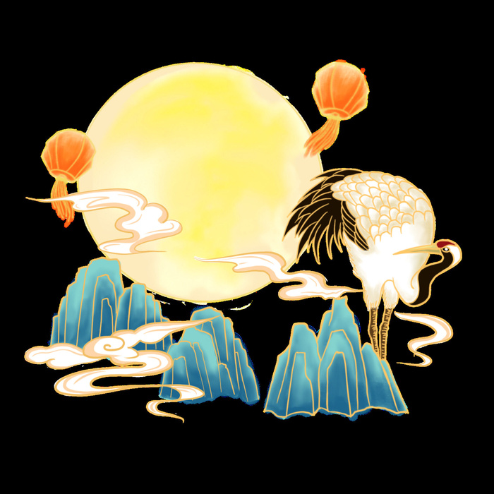 中国风国潮仙鹤山水插画手绘元素场景PSD设计素材