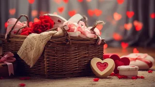 房间的木地板上的编织篮里的爱心礼物摄影图