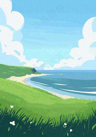 海边蓝天白云草地小花，春天清新海景