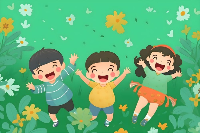 儿童躺着绿色草地上花草海报插画素材背景