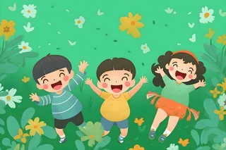 儿童躺着绿色草地上花草海报插画素材背景