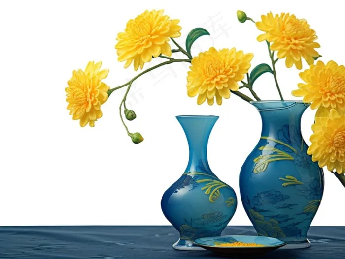 重阳黄色菊花花瓶饮茶插画免抠(1232x928)